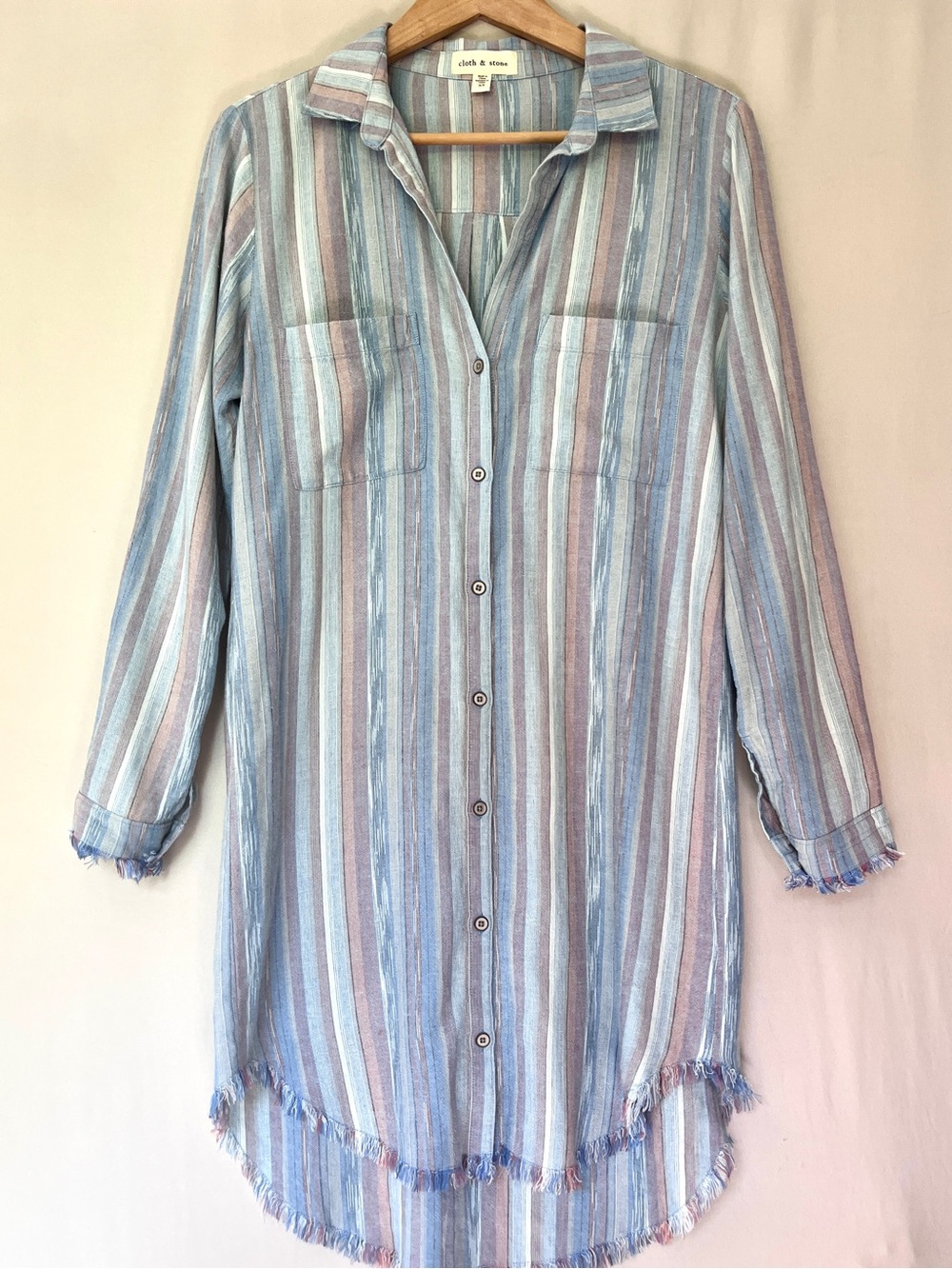 Cloth & Stone Linen Blend Shirt Dress Tunic Striped Frayed Hem XS